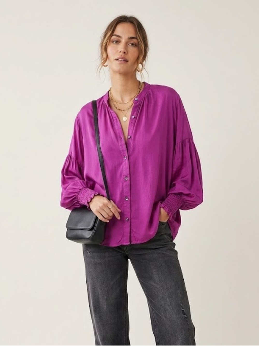 FRNCH Paris Magenta Smocked Cuff Blouse | Size XS (Oversized Fit)